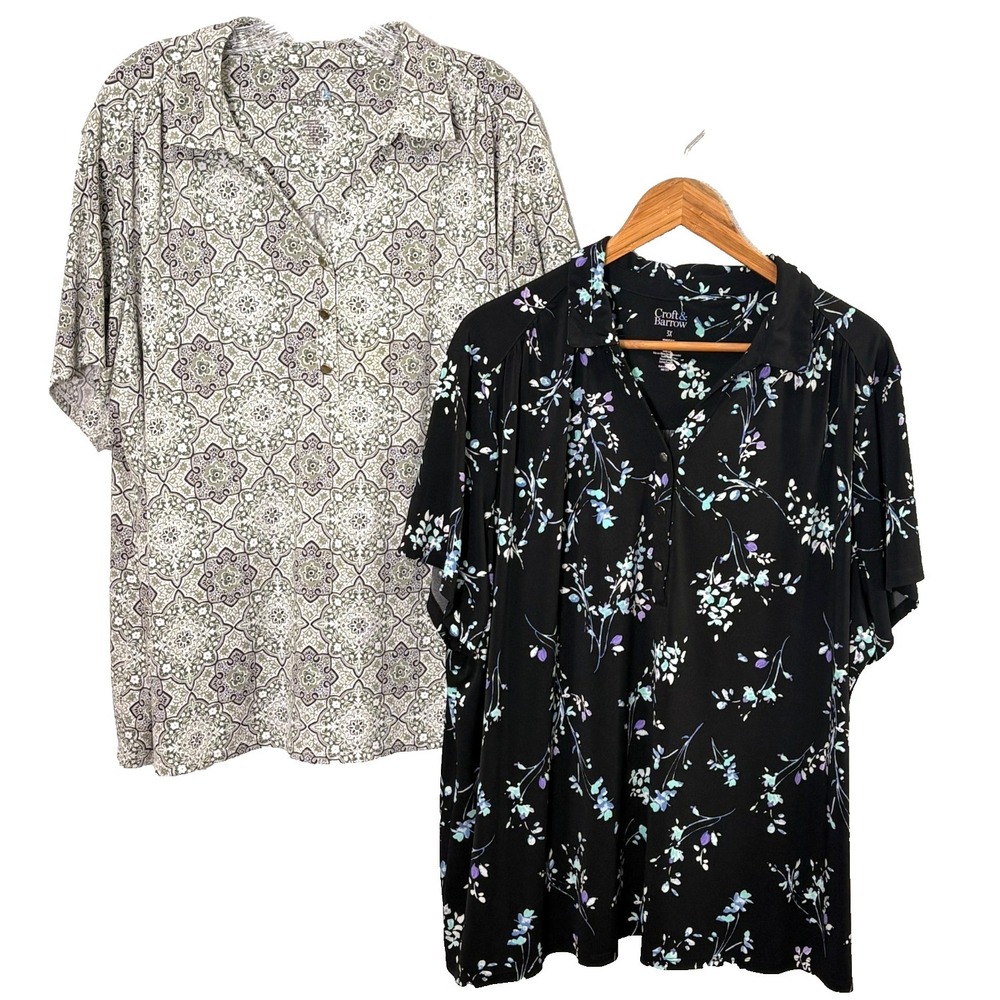 Croft & Barrow Lot of 2 Popover Blous Top 3X Stretch Short Sleeve Resort Golf